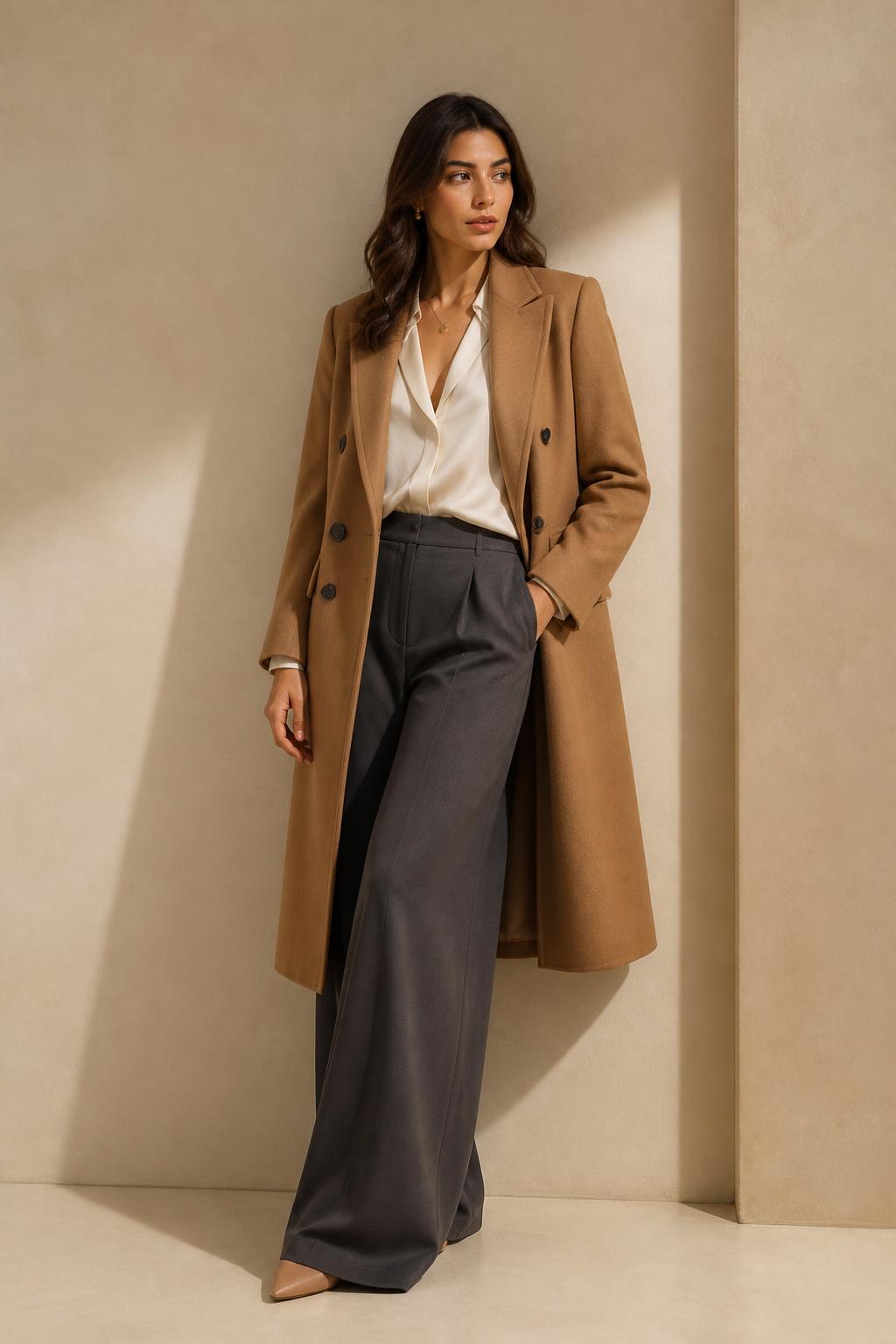 Woman wearing an elegant ivory modest ensemble